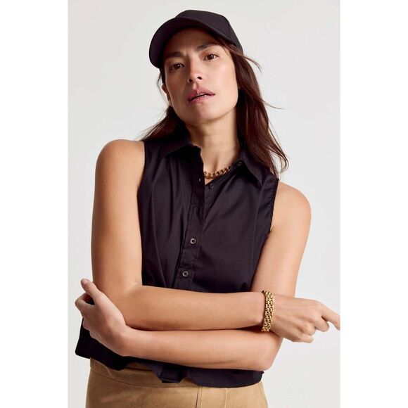 THE SHIRT Rochelle Behrens Sleeveless Button Down Black Boxy Cropped Size M - Picture 4 of 12